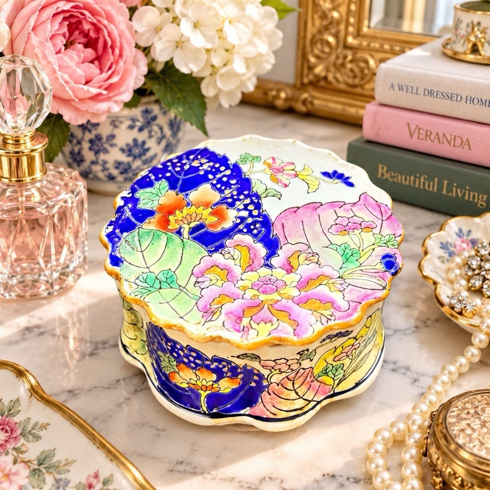 Vintage Chinese Porcelain Powder Box Trinkets Floral Hand Painted Retro Vanity